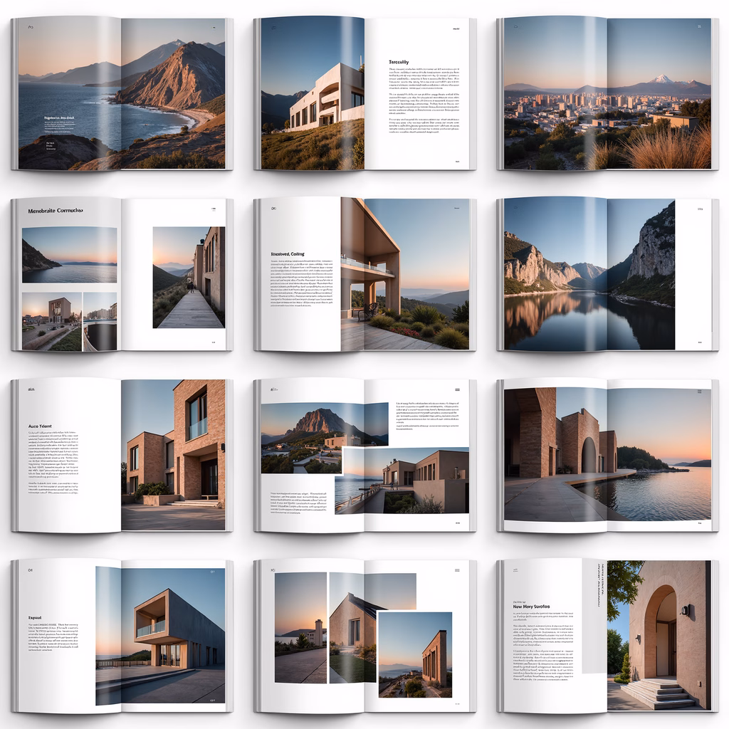 Modern architectural marvels against natural landscapes at sunset.