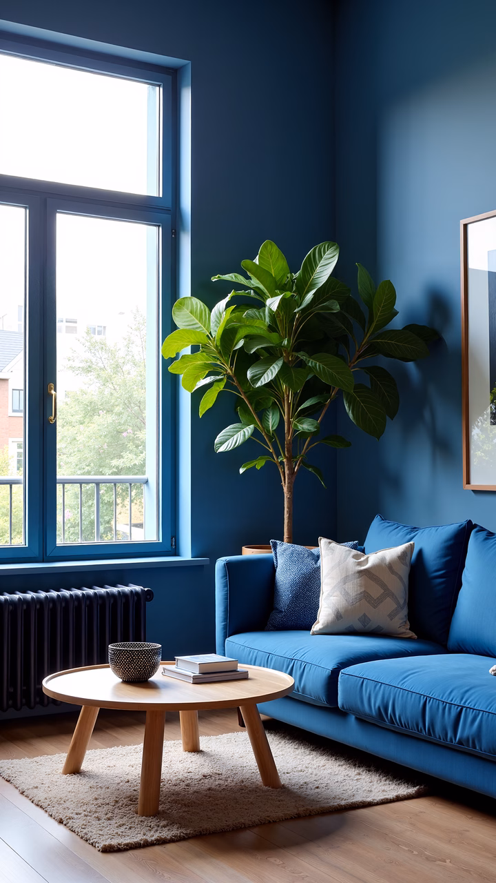 Bold blue living room with natural light and modern decor.