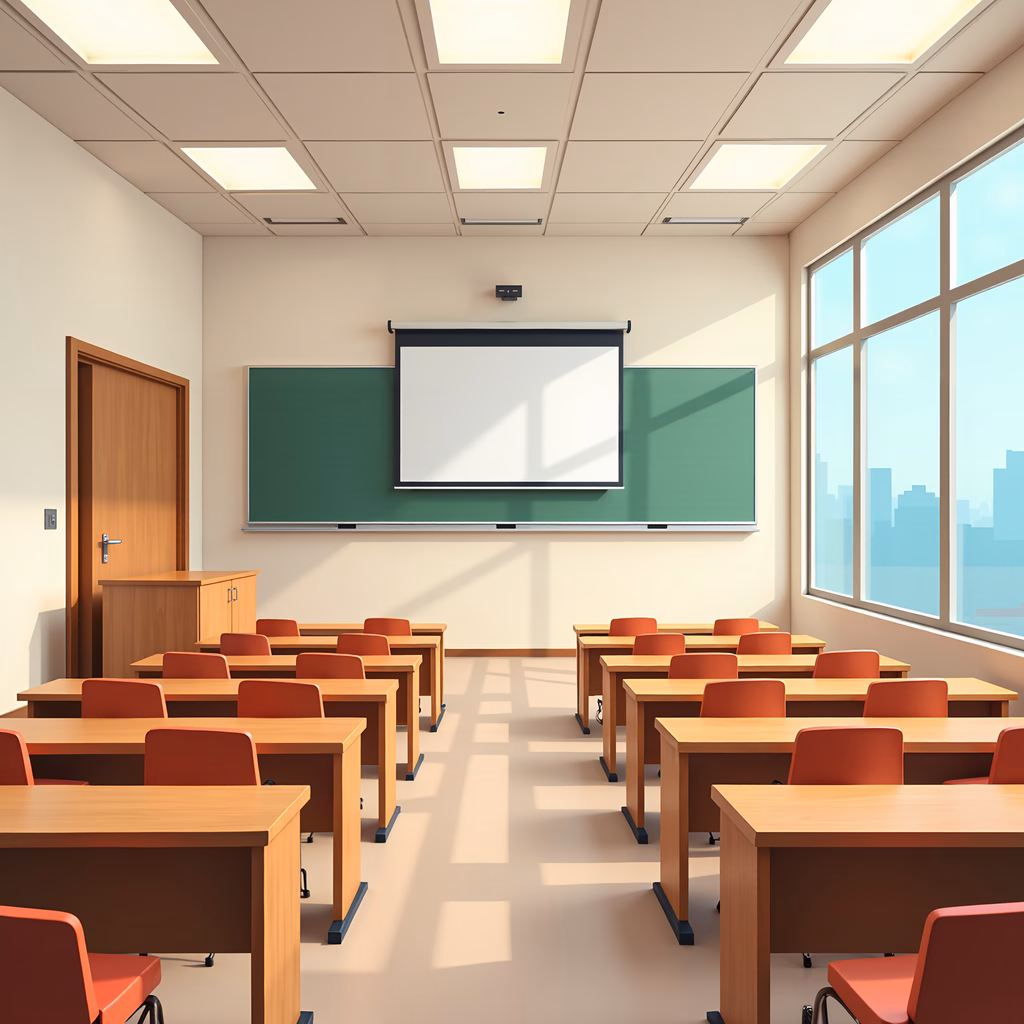 A modern classroom with wooden desks, orange chairs, and natural light from large windows.