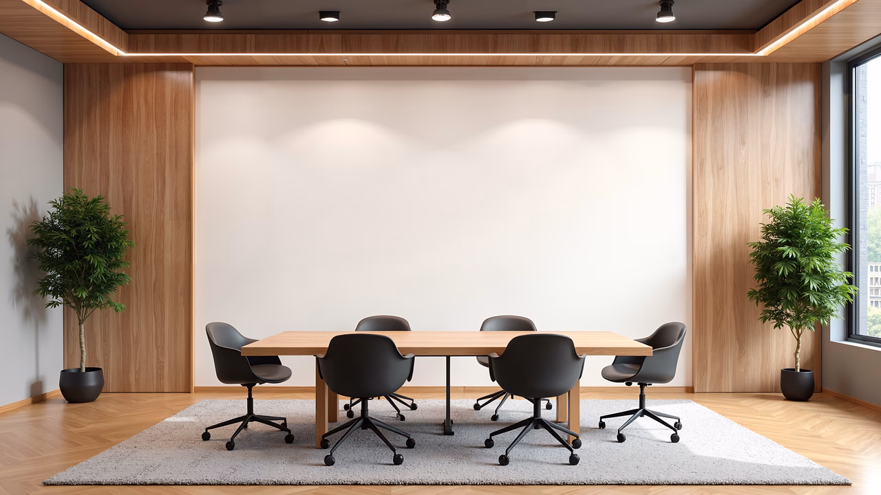Minimalist modern conference room with wooden accents and black chairs.