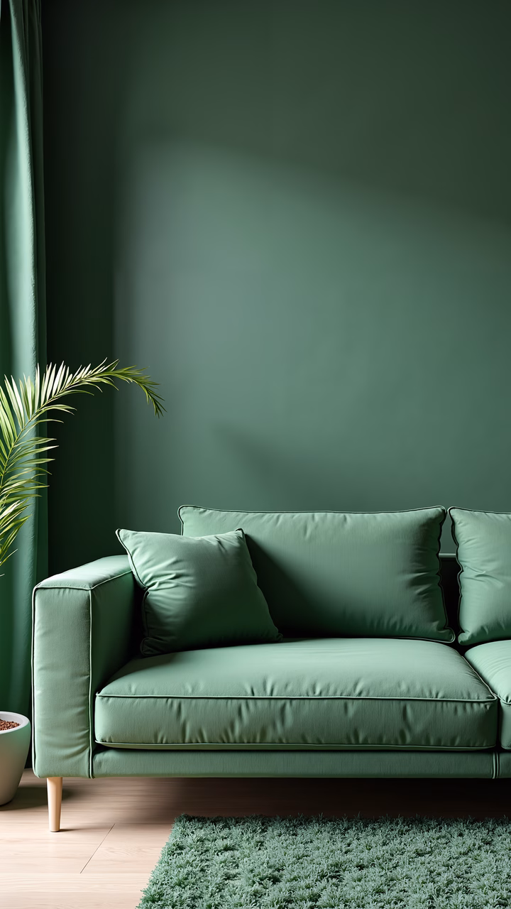 Modern green living room with a calming ambiance and minimalist design.