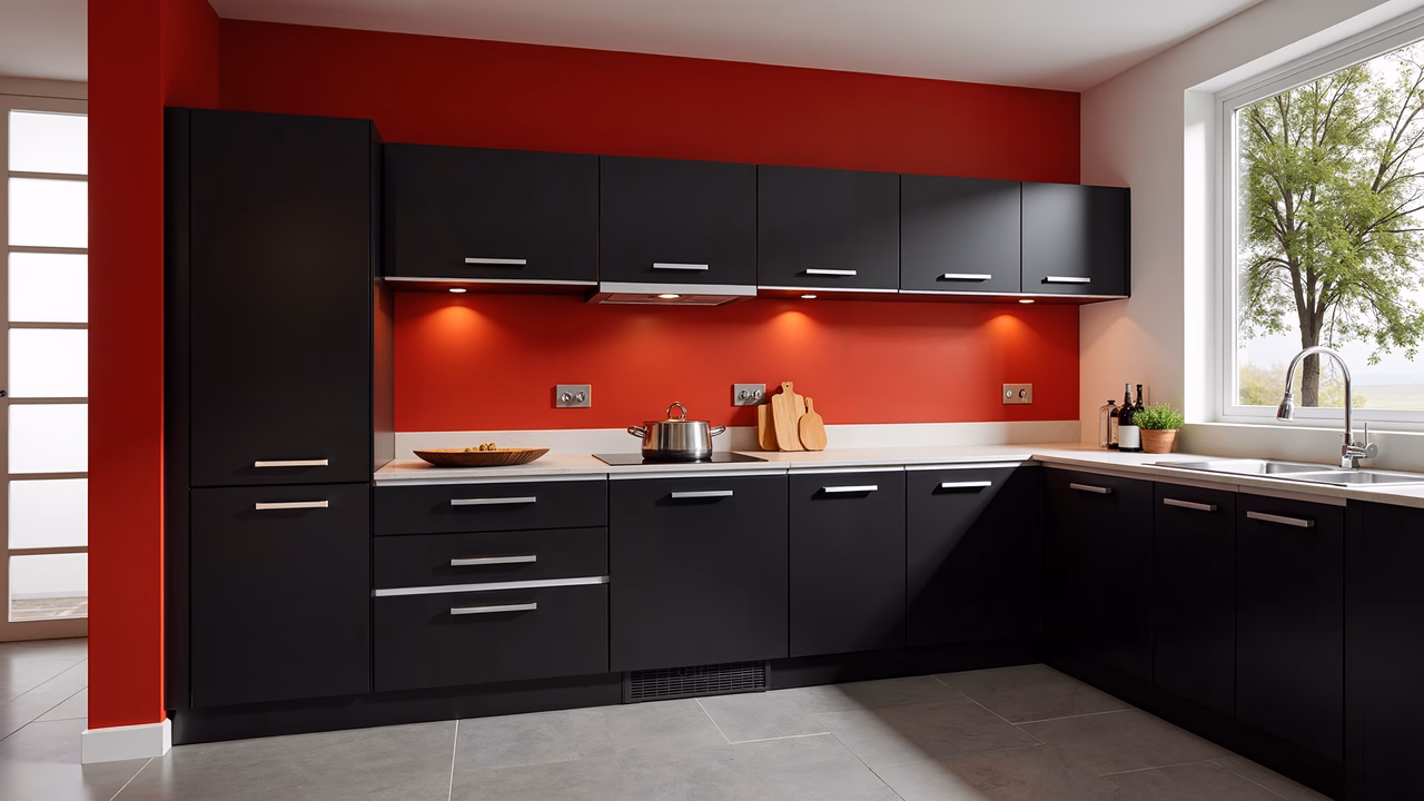 Modern kitchen with black cabinets and red accents, minimalist design, neutral gray floor, large window view of a tree.