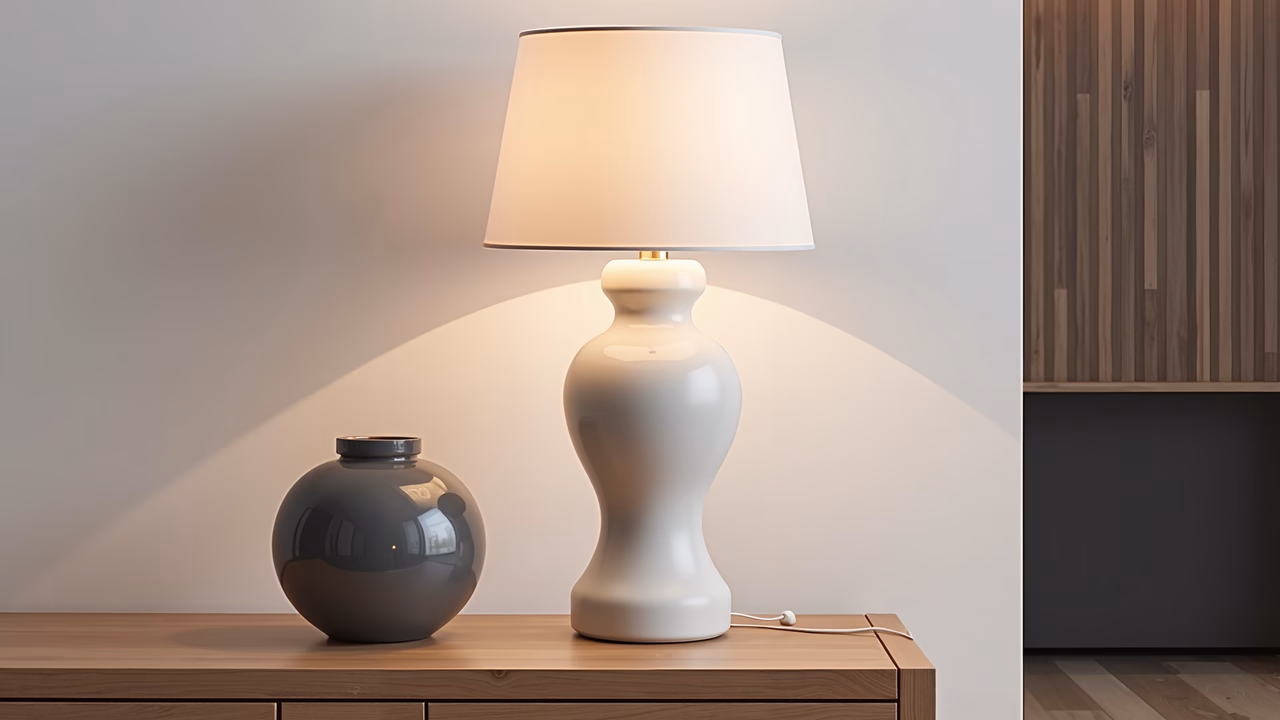Minimalist interior design with a white lamp and black vase casting a warm glow.