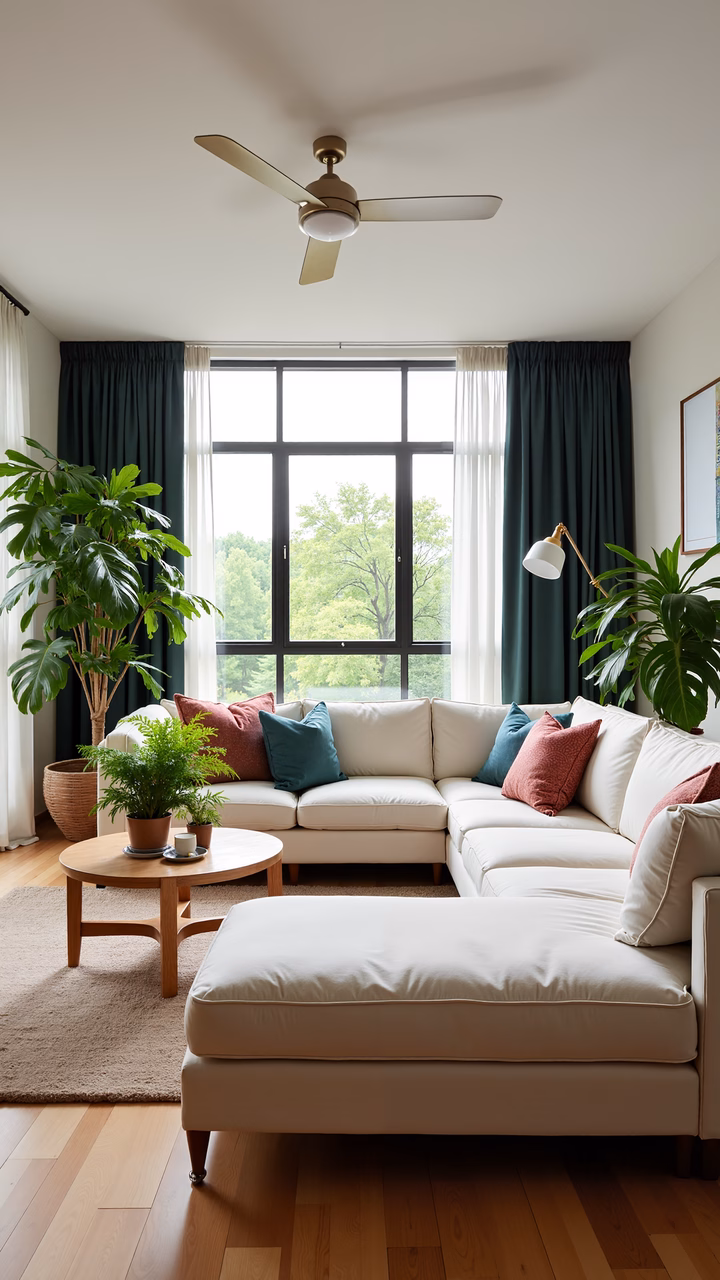 A contemporary living room with a sectional sofa, greenery, and natural light.