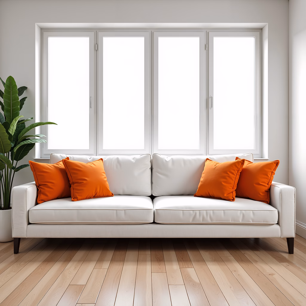 Minimalist living room with white sofa and orange cushions, modern design, natural light, contemporary interior.