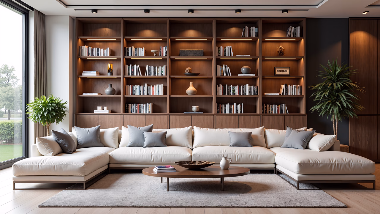 Modern living room with a sectional sofa, wooden coffee table, and large bookshelf, featuring natural light and a minimalist design.