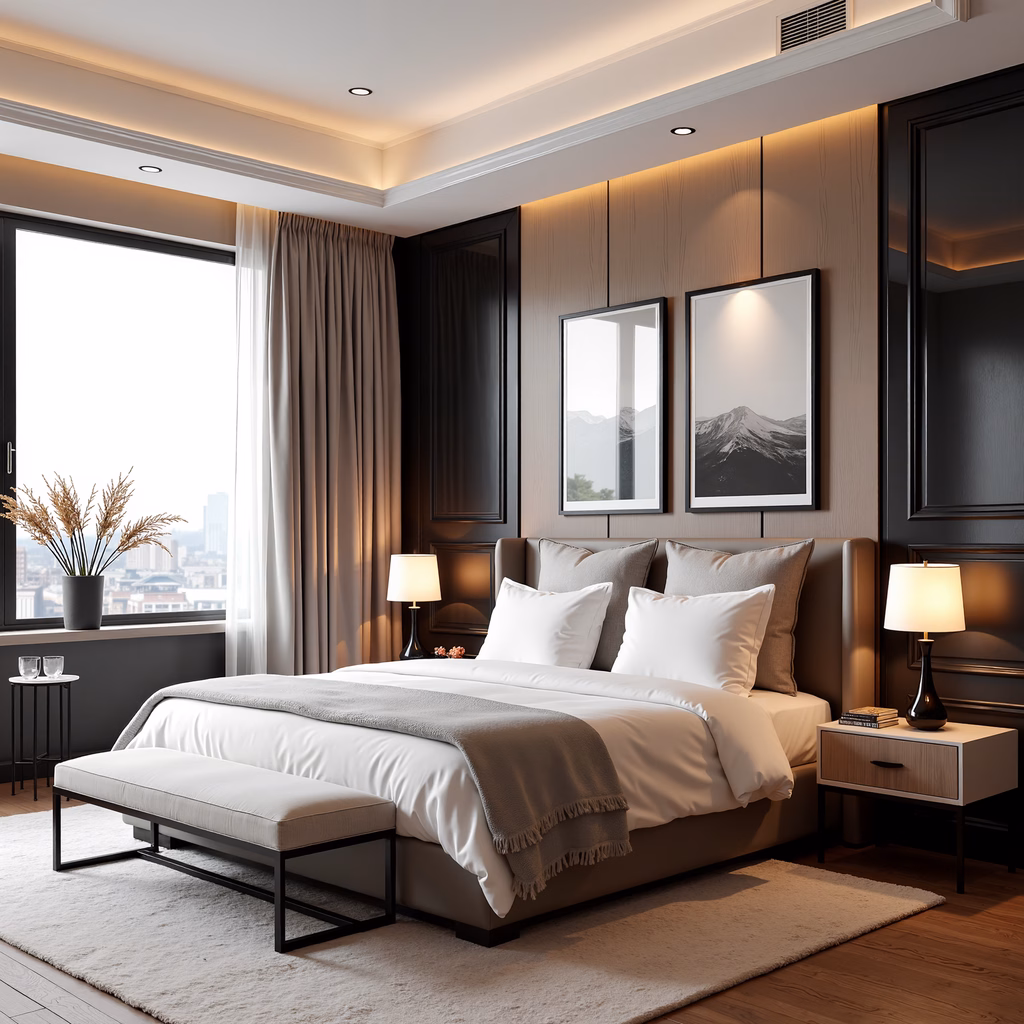A modern minimalist bedroom with sleek furniture and natural light.