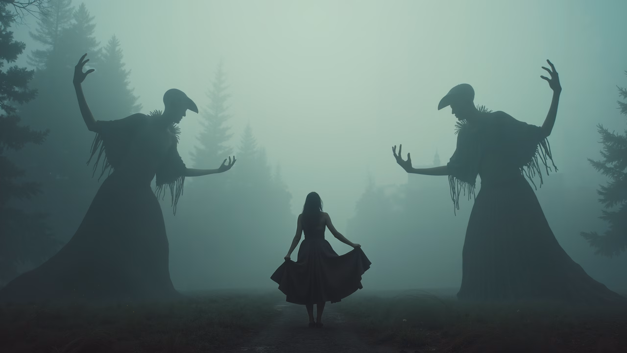 Mystical forest scene with dancing figures and a young woman.
