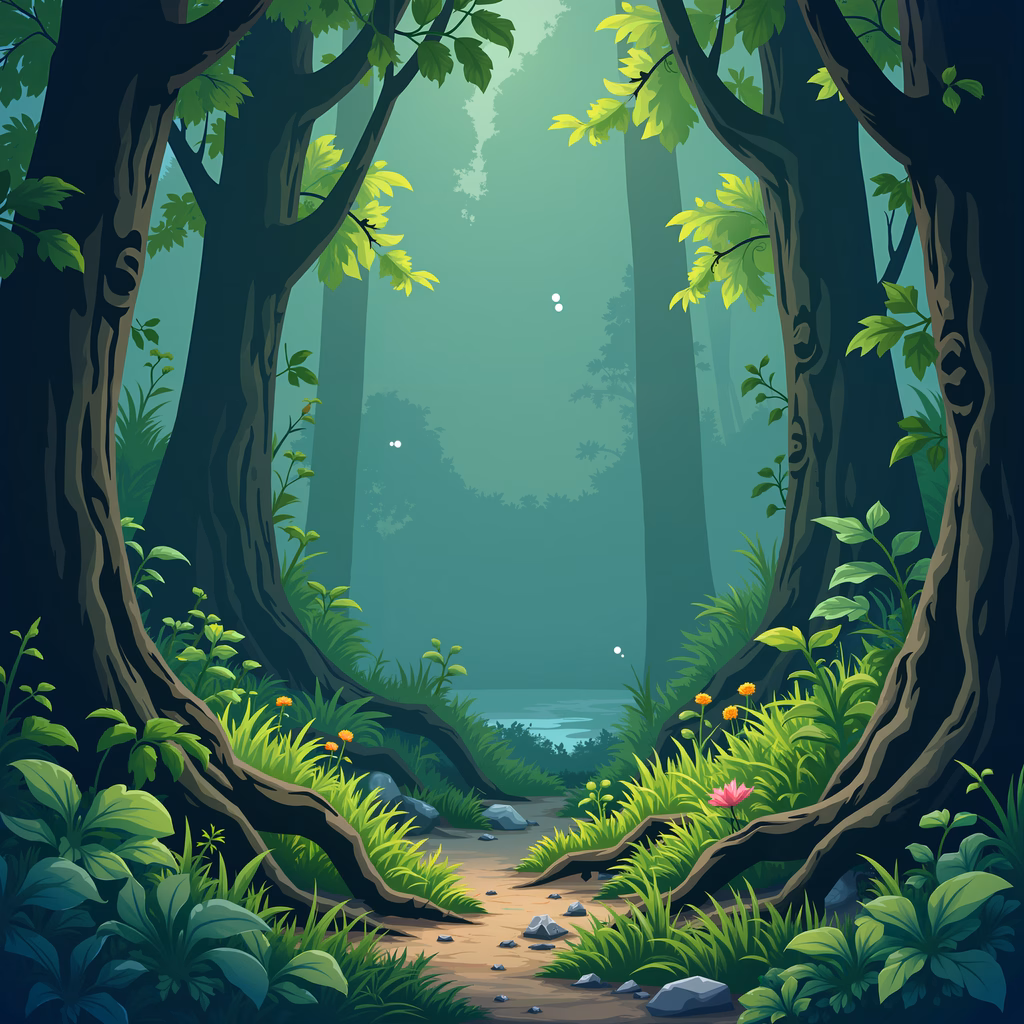 A tranquil forest path surrounded by lush greenery and towering trees, creating a mystical atmosphere.