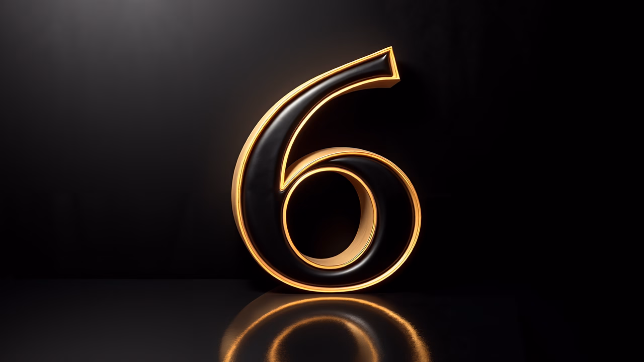 Bold, three-dimensional number six with glossy black and golden accents on a dark background.