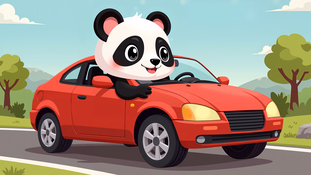 A happy panda driving a red car on a sunny day, surrounded by nature.