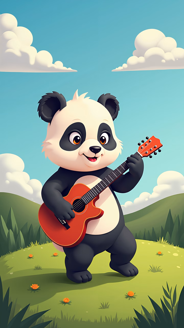 Cute panda playing guitar in a colorful, idyllic landscape.
