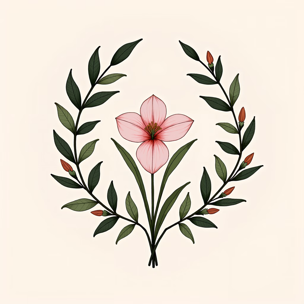 Delicate pink flower surrounded by green leaves and red buds, creating a tranquil botanical scene.
