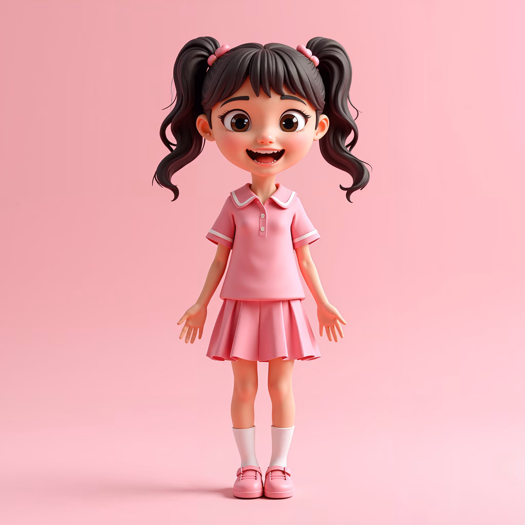 A delightful illustration of a schoolgirl in a pink uniform against a soft pink backdrop.