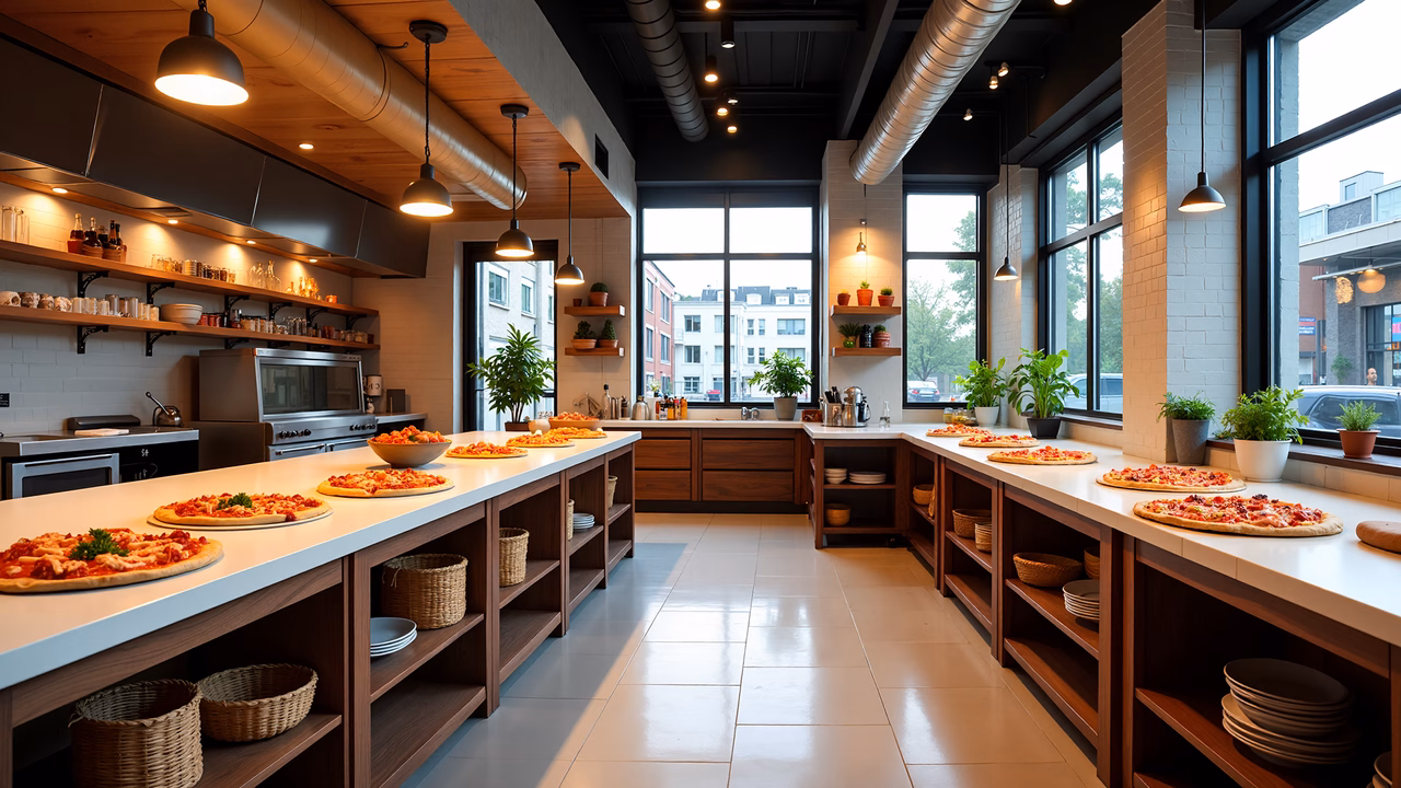 Modern pizza kitchen with fresh pizzas and rustic decor.