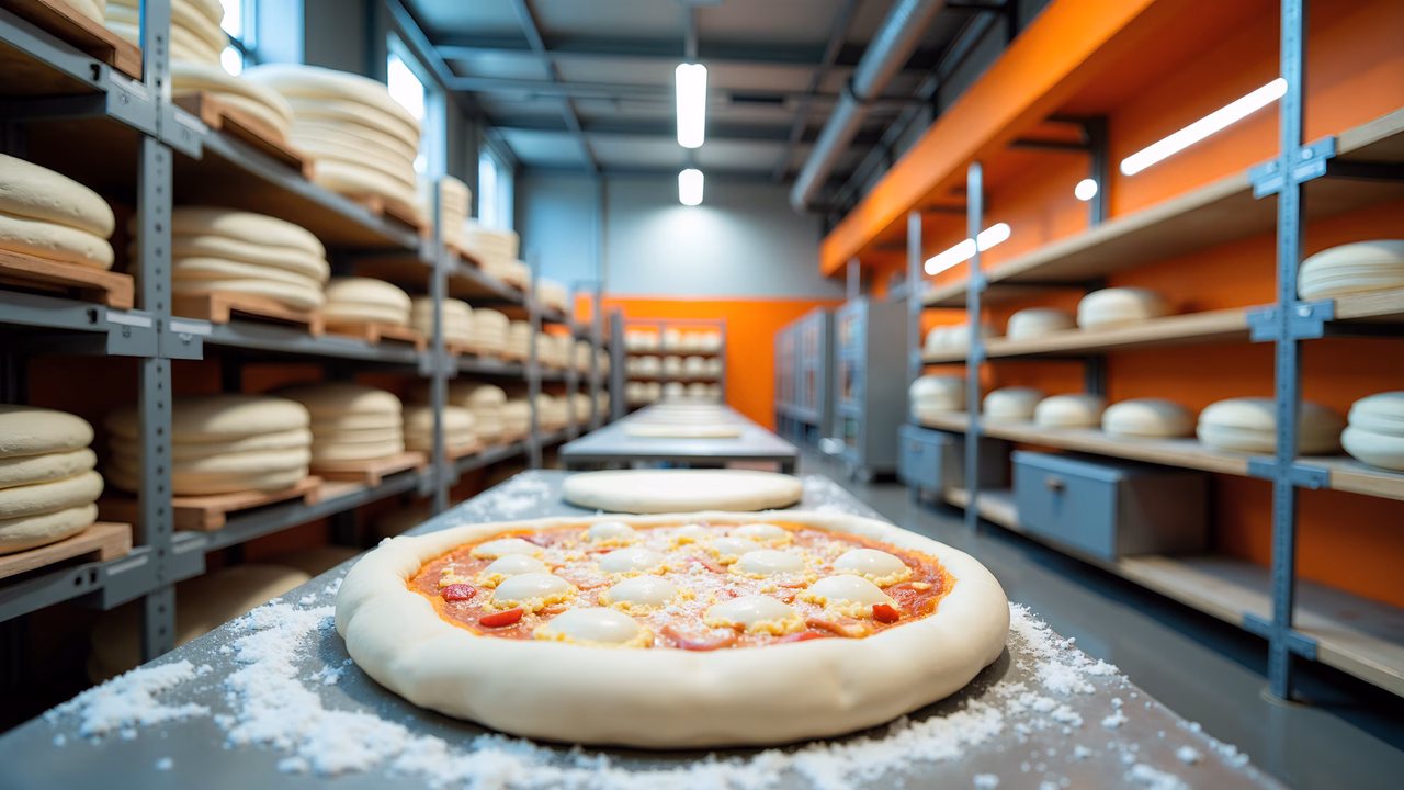 Freshly made pizza in a lively kitchen setting.