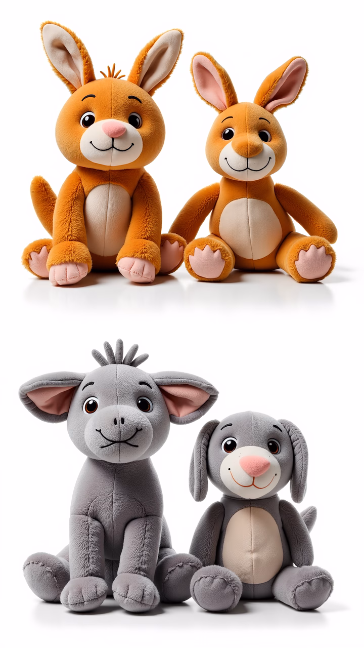 Two cute plush animals sitting together in a bright, child-friendly illustration.