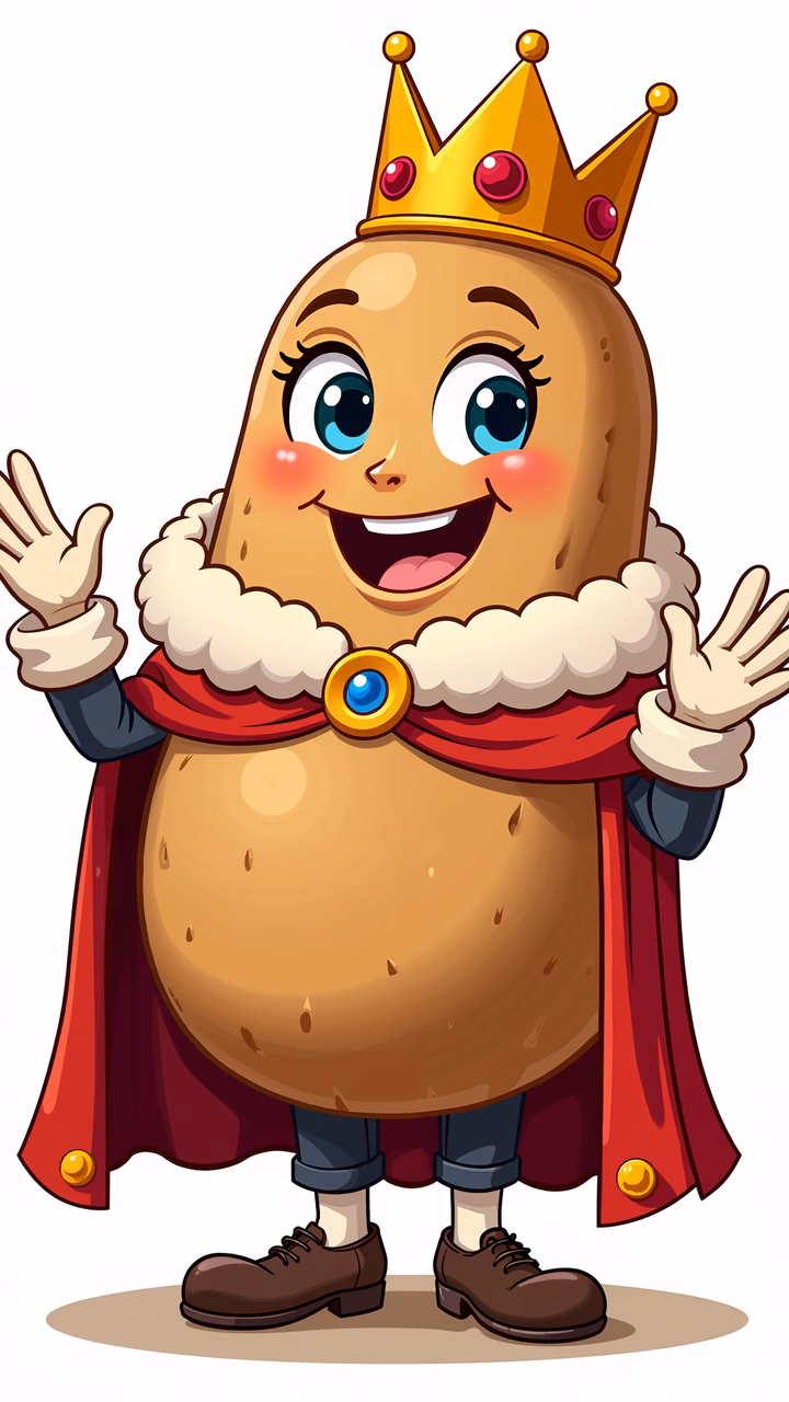 A cartoon potato dressed as a king, wearing a golden crown and a red cape, radiating joy and royalty.