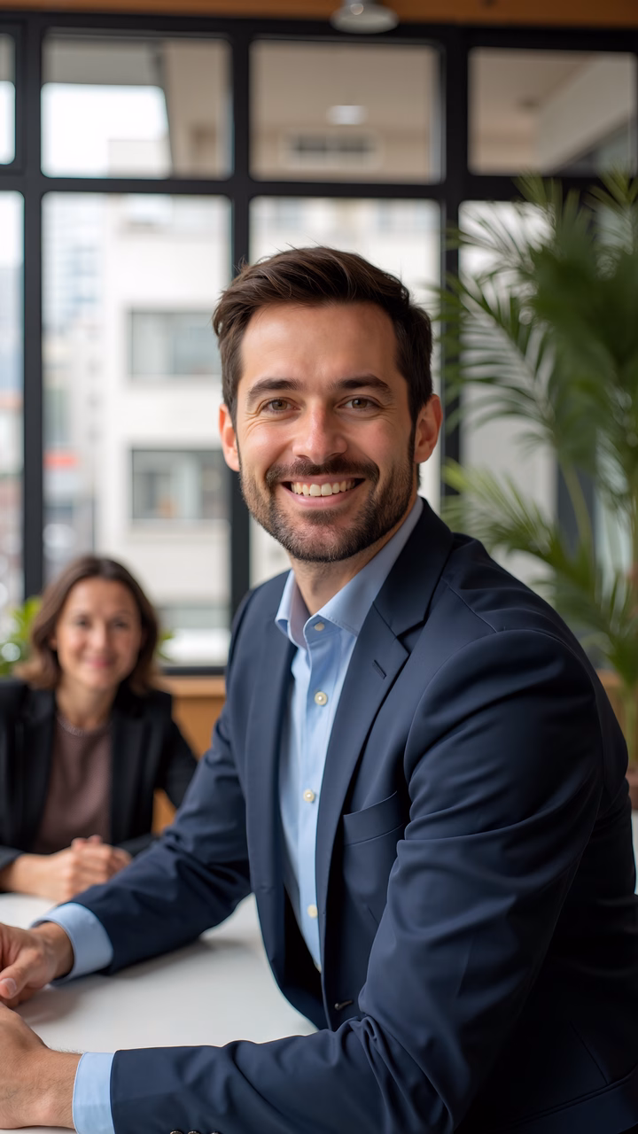 Confident professional portrait in a modern office setting.