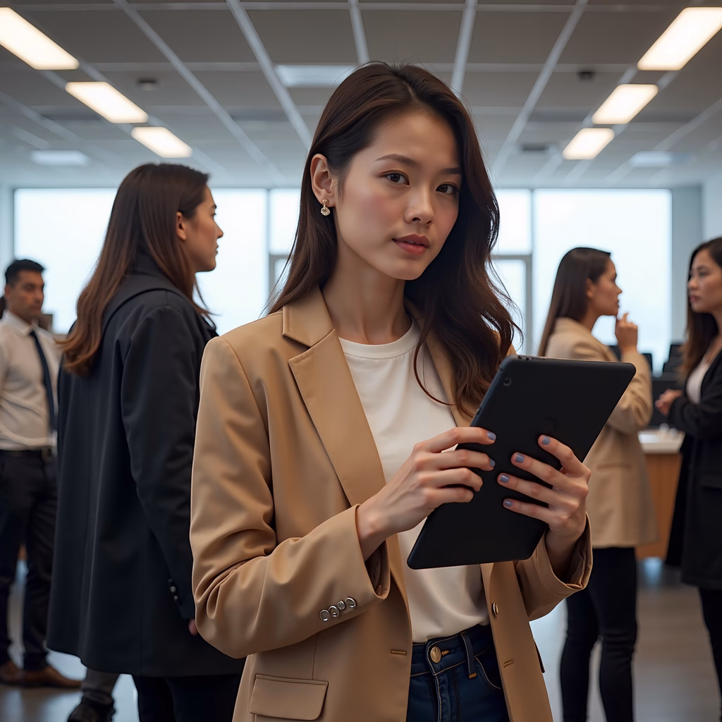 Focused professional woman in a modern office setting, holding a tablet.