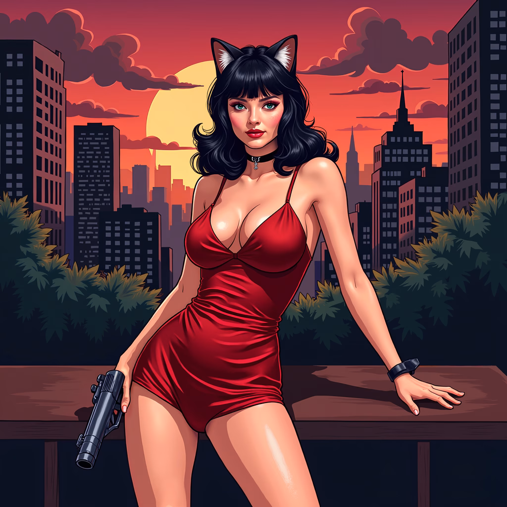 Bold red catwoman illustration with urban sunset backdrop