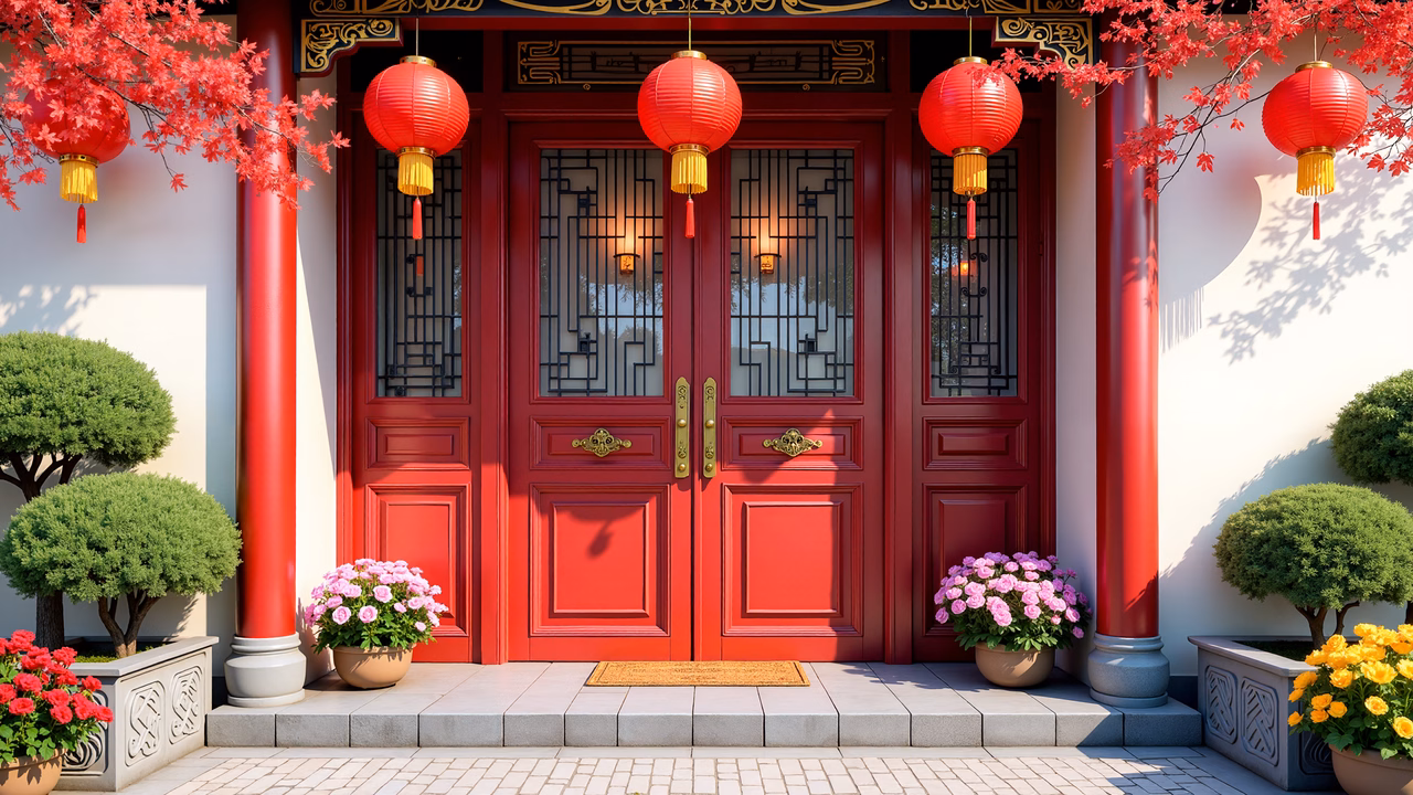 A beautifully illustrated red doorway with lanterns and floral decorations.