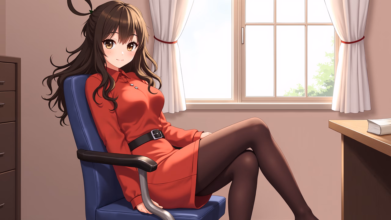 Anime girl in red dress sitting in an office chair, warm and inviting atmosphere.