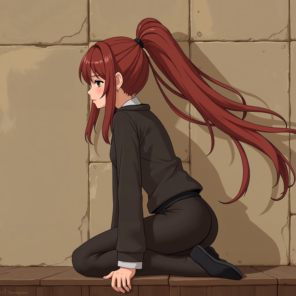 A red-haired anime girl sitting against a stone wall, evoking a sense of introspection.