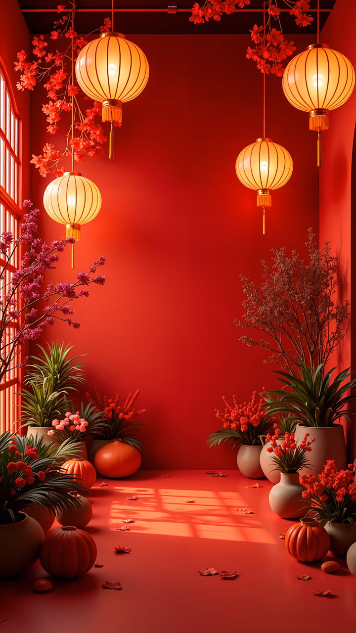 Warm red tones and festive decorations create a joyful and inviting atmosphere.