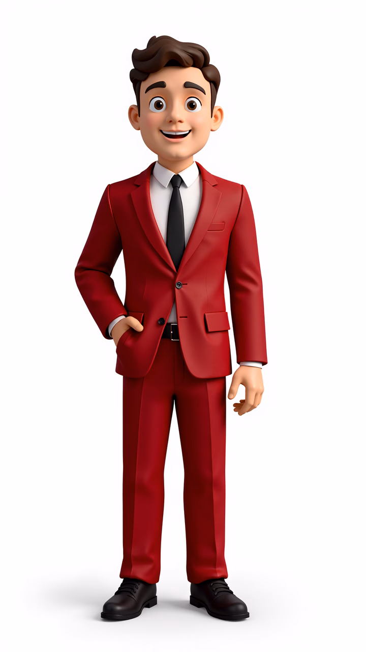Confidently dressed in a red suit, cartoon character exudes professionalism against a stark white backdrop.