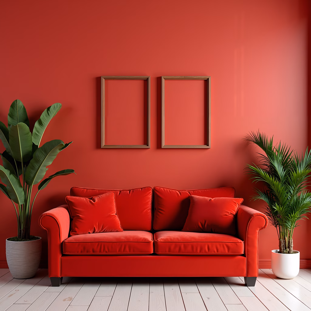 Bold red velvet couch in a minimalist interior with green plants and empty frames.