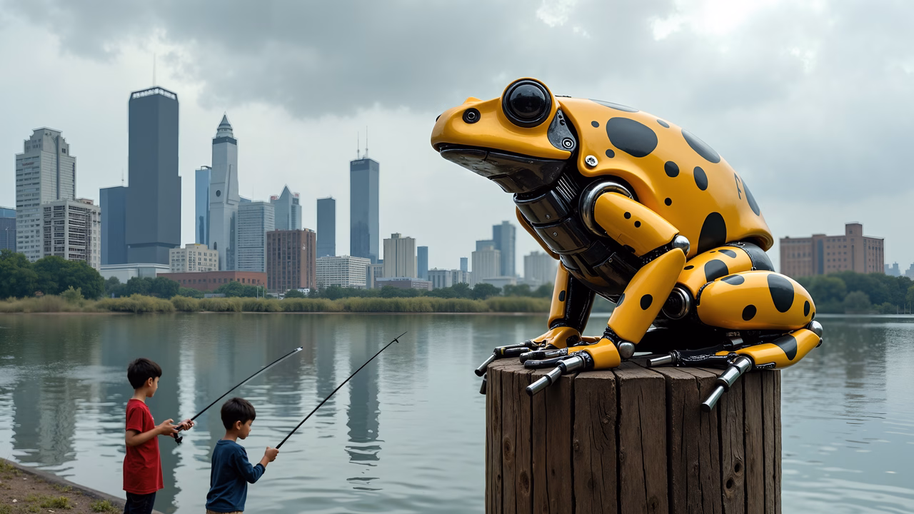 Robot frog in urban nature, blending technology and nature with children fishing nearby.