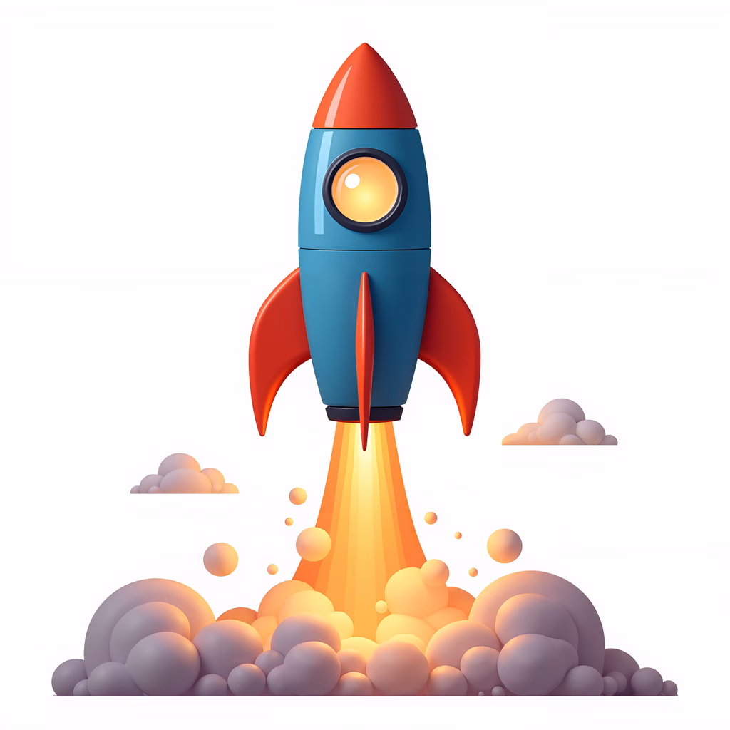 Vibrant rocket launch illustration, space exploration, adventure, excitement, dynamic, clean design, bold colors, playful, precise, energy, contrast, orange flame, soft clouds, white background.