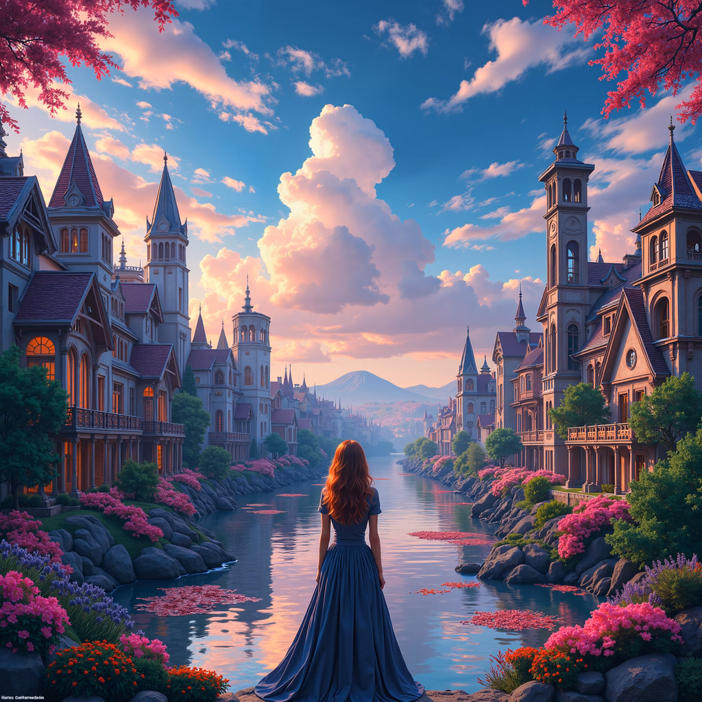 A woman in a blue dress stands by a river surrounded by blossoming gardens under a dreamy sky.