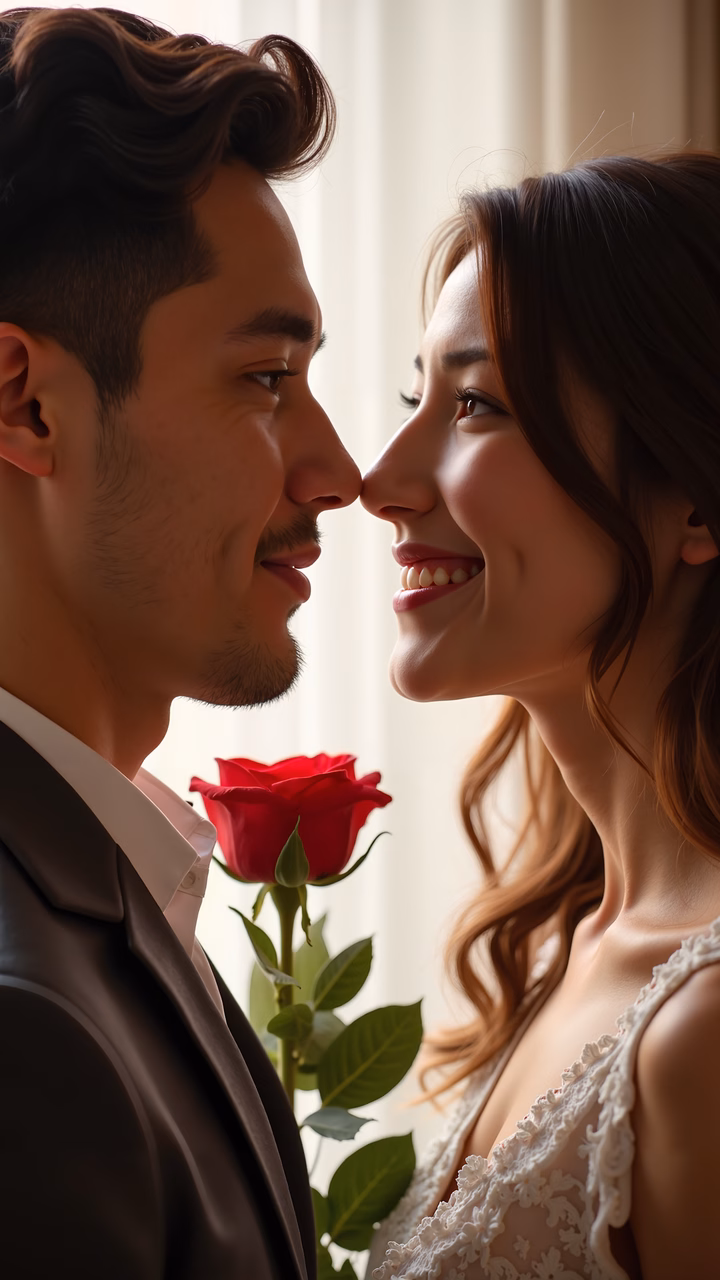 A romantic nose touch moment with a red rose.
