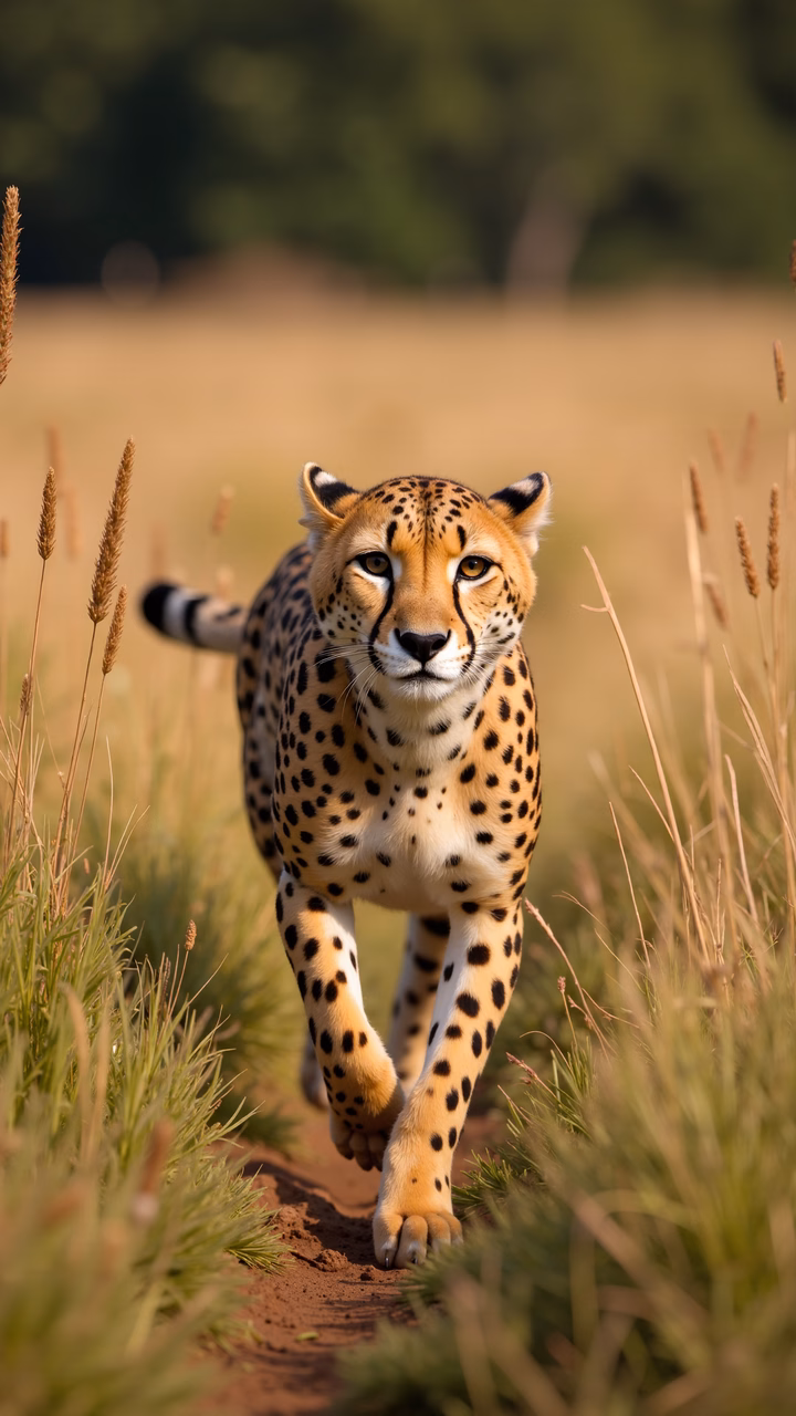 Dynamic close-up of a cheetah running through golden savanna grasses, bathed in sunlight.