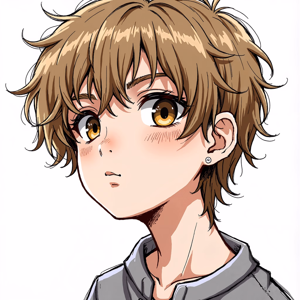 Melancholic anime boy with tousled hair and expressive eyes, wearing a light gray hoodie.