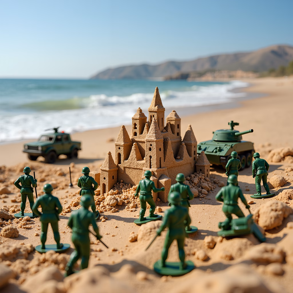 Miniature sandcastle with toy soldiers and vehicles on a beach, contrasting innocence with conflict.