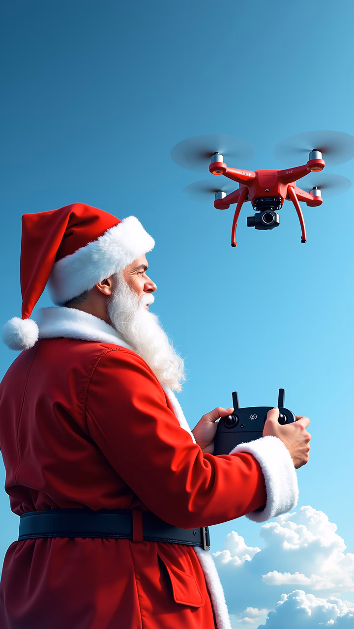 Santa Claus operates a drone in a festive setting.