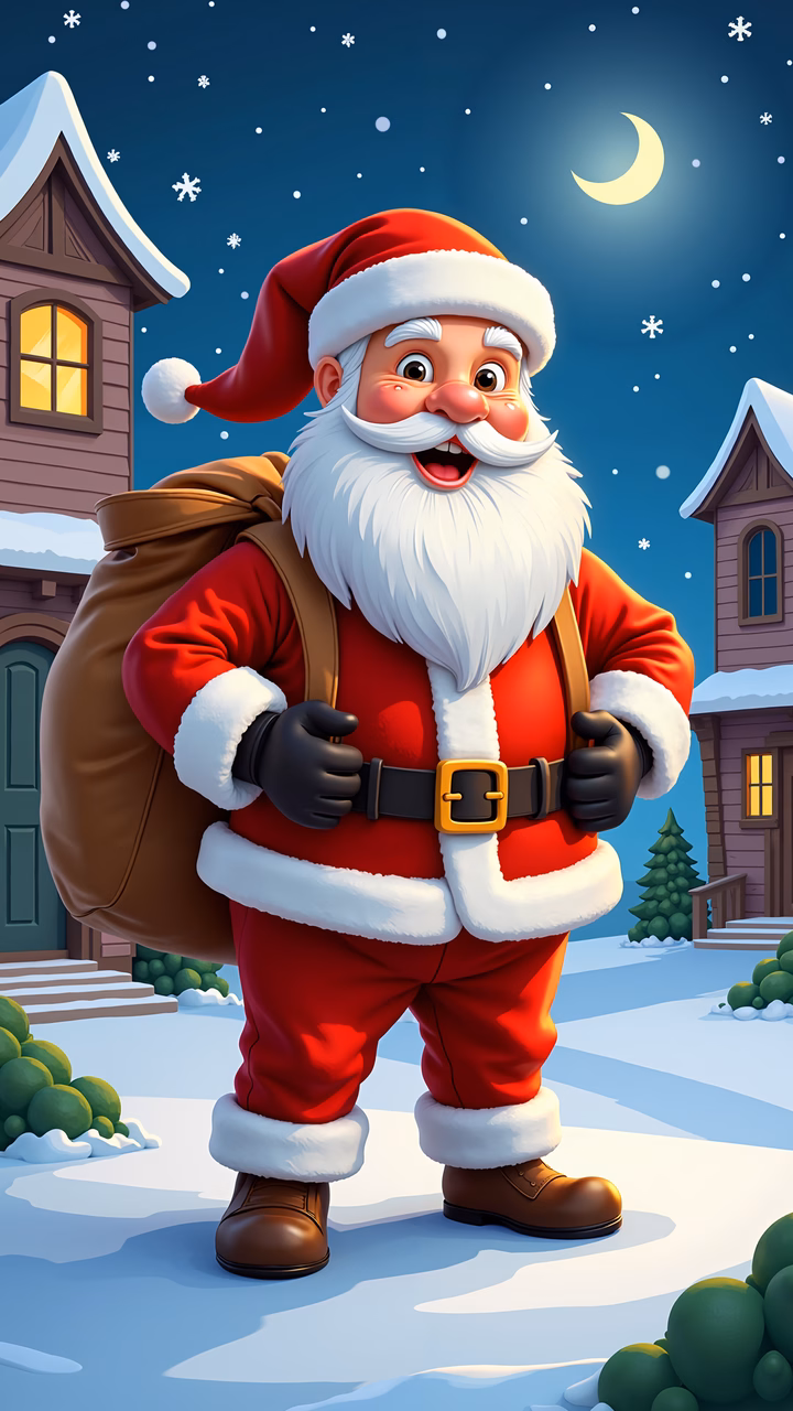 A cheerful Santa Claus with a sack, set against a snowy night with a crescent moon.