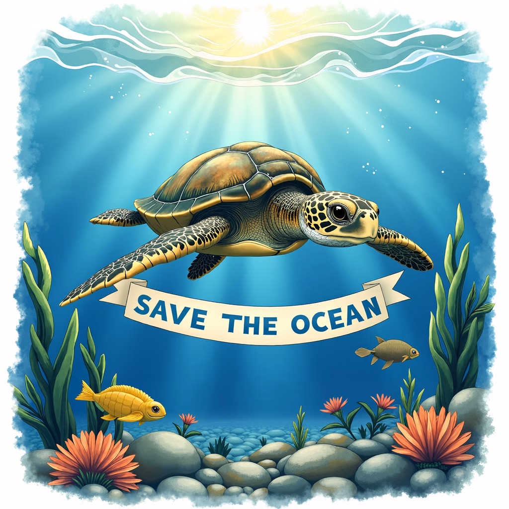 A turtle and colorful marine life under a sunlit ocean, promoting environmental conservation.