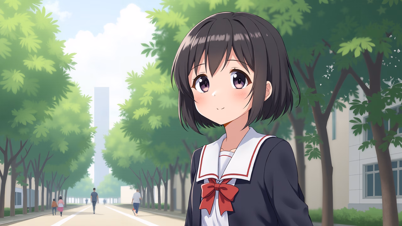 A schoolgirl in a sailor uniform amidst a tranquil spring scene.