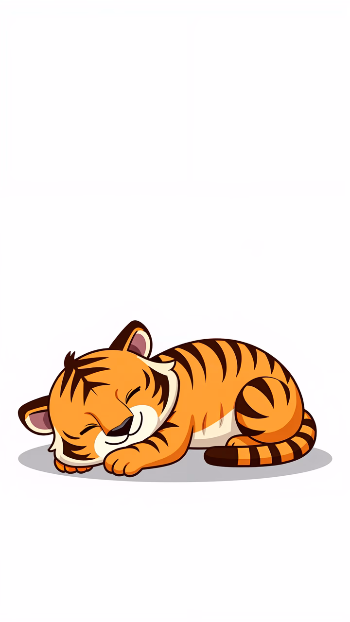 A cute, sleeping tiger cub in a cozy pose, rendered in a cartoonish style.