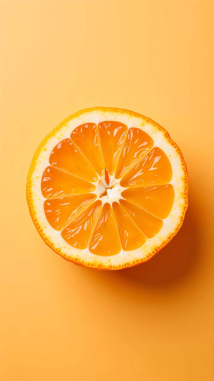 Vibrant sliced orange slice on a warm yellow background.