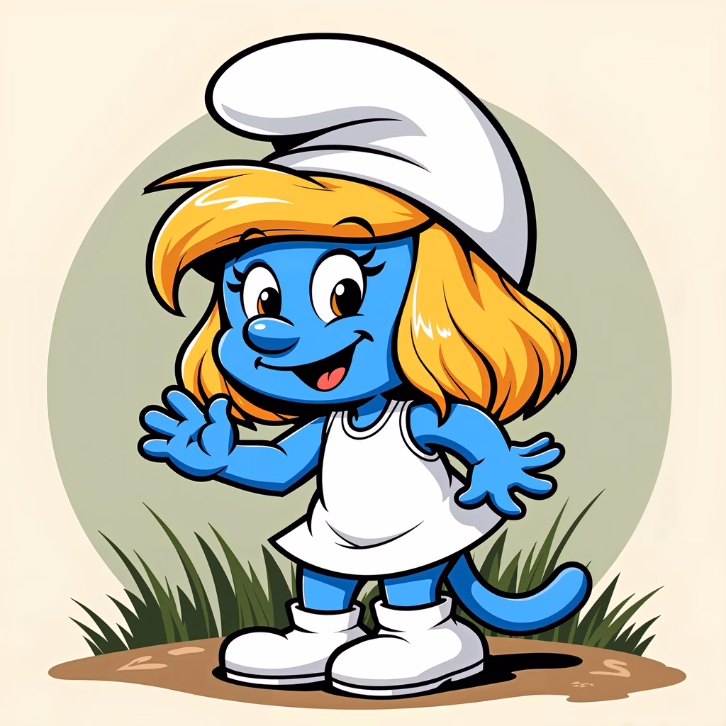 Cheerful Smurfette waving in a bright, cartoonish setting.