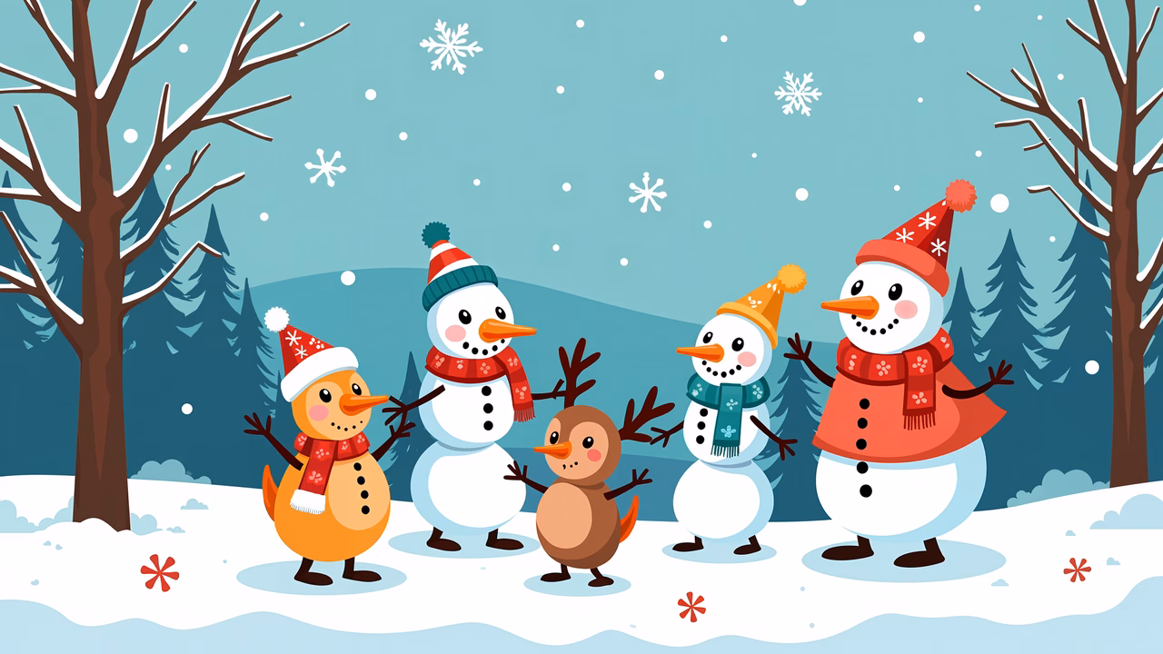 A family of snowmen dressed in festive winter attire, set against a snowy backdrop.