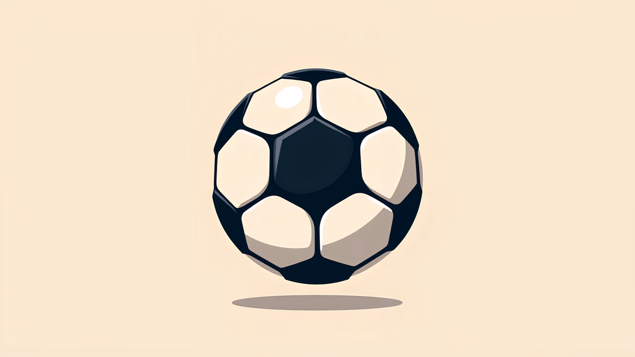 Minimalist soccer ball illustration with bold black and white colors on a beige background.