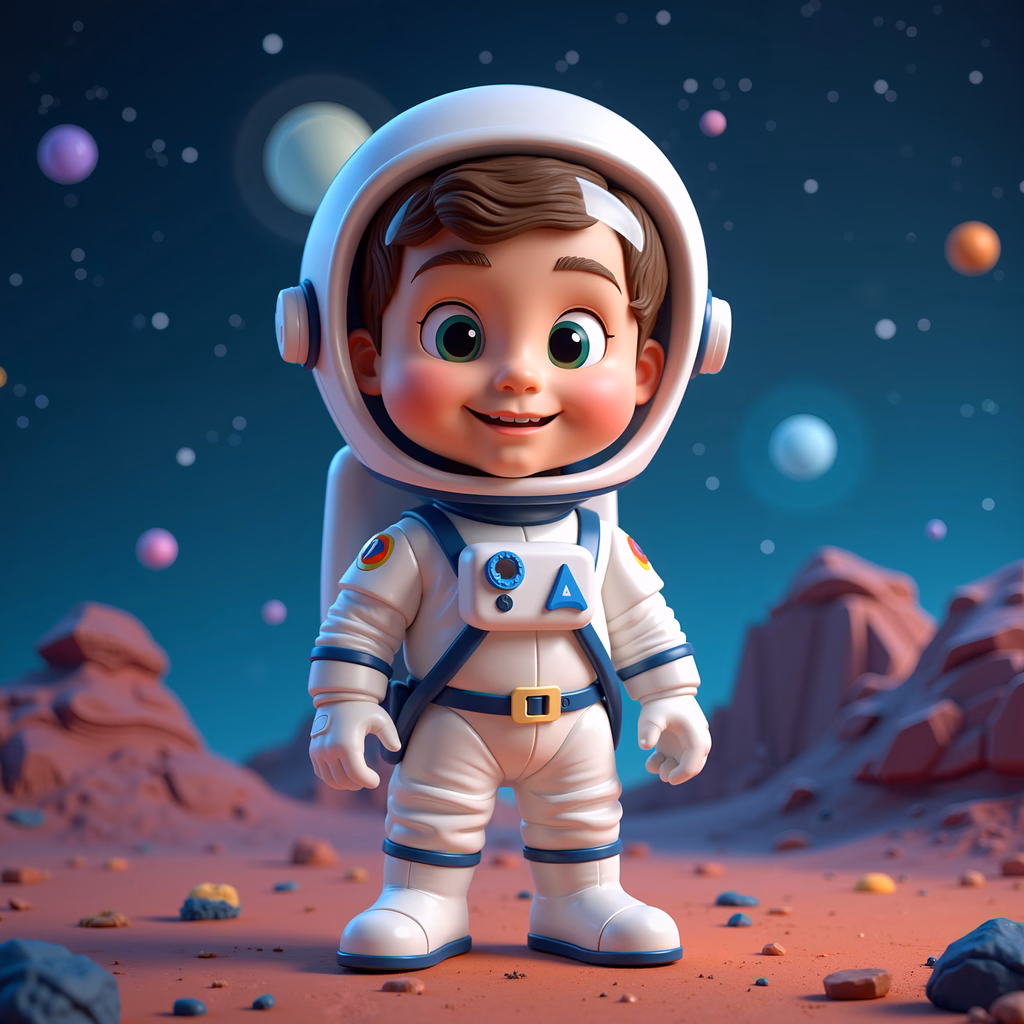 A joyful young astronaut exploring a colorful alien world.