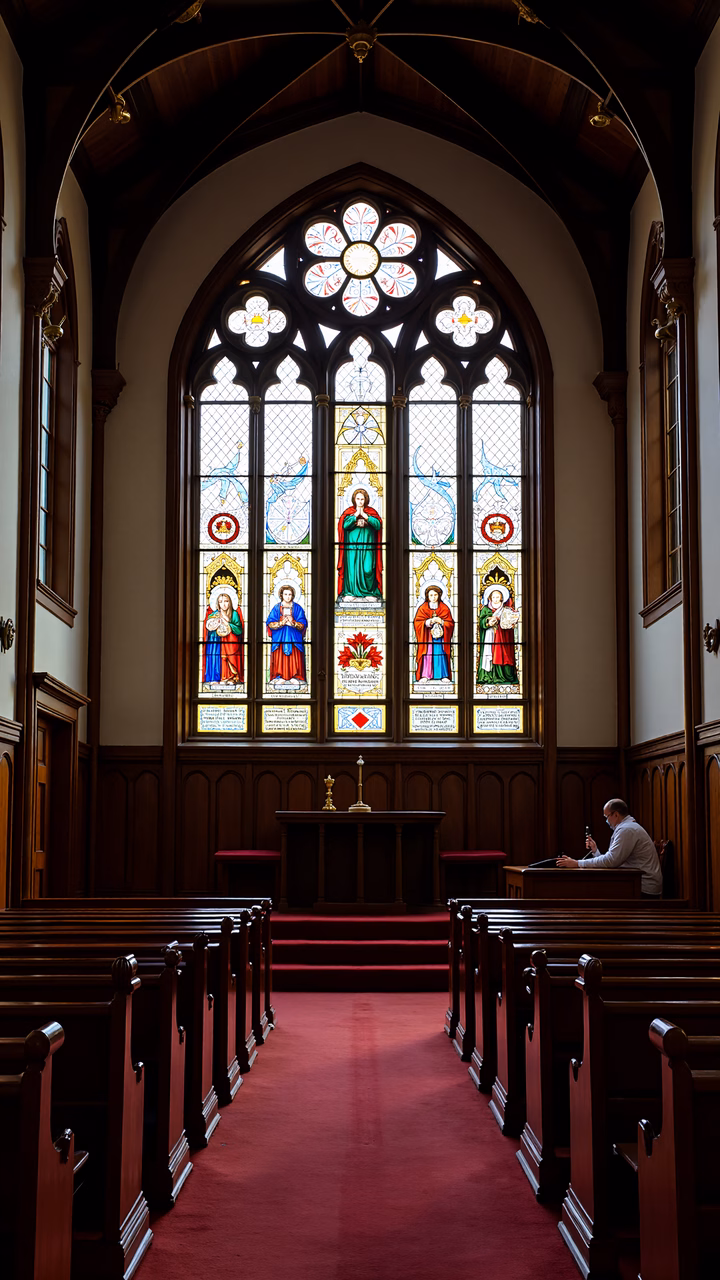 A peaceful chapel interior with stained glass windows and wooden beams.