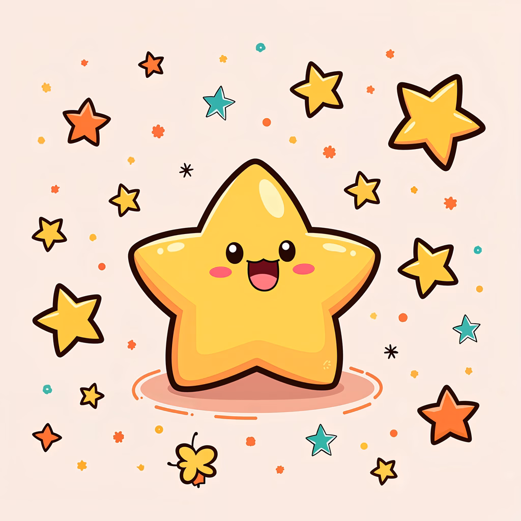 A cute, smiling star surrounded by colorful stars on a soft beige background.